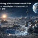 Futuristic illustration of lunar mining operations at the Moon’s south pole, showing illuminated mining facilities near permanently shadowed craters, Earth rising in the background, and spacecraft operating on the lunar surface, representing the Moon’s strategic value in 2026.